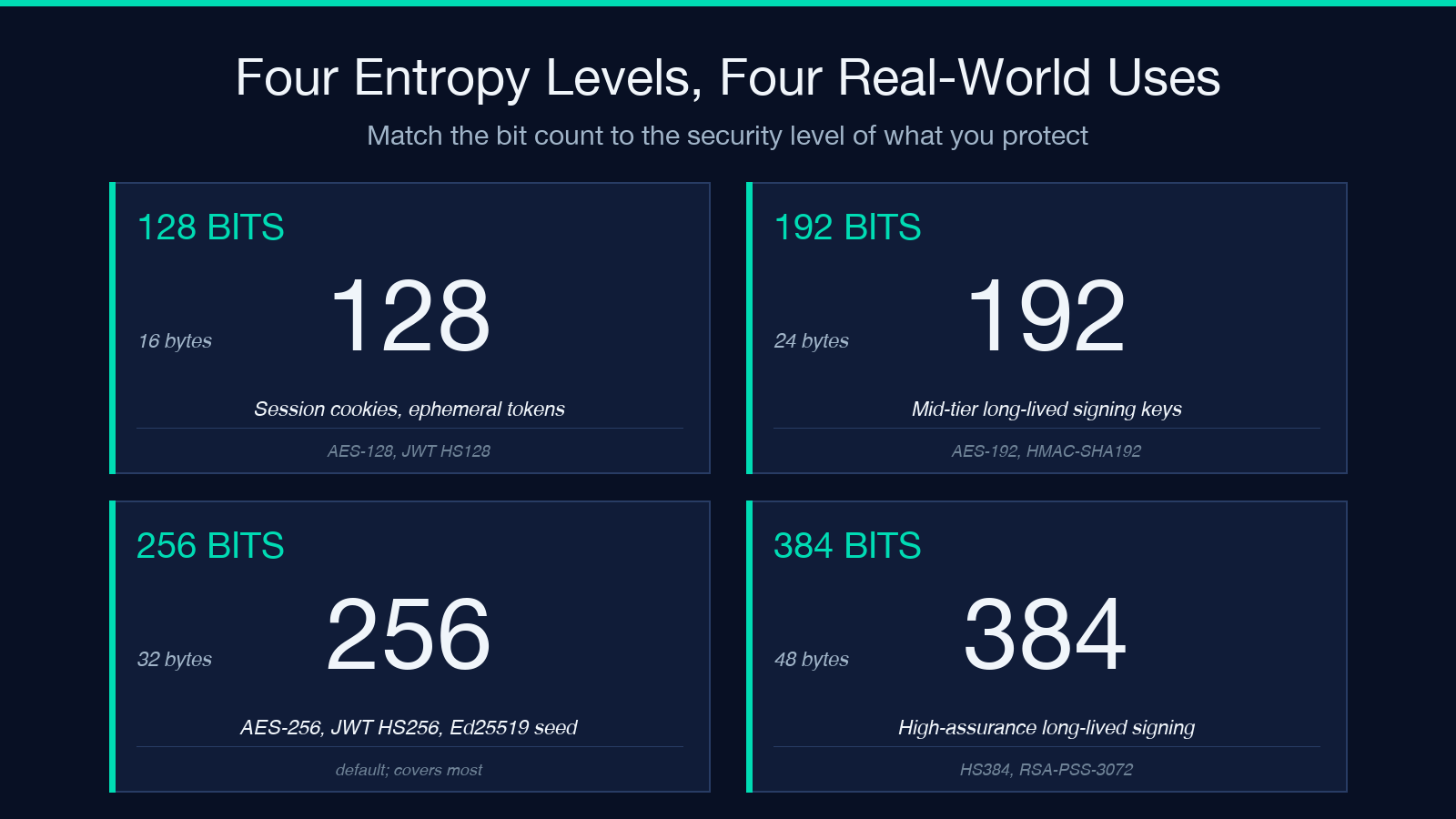 Card 3: Four Entropy Levels Four Real-World Uses — 4 tiles: 128 BITS / 192 BITS / 256 BITS / 384 BITS with byte counts and use cases