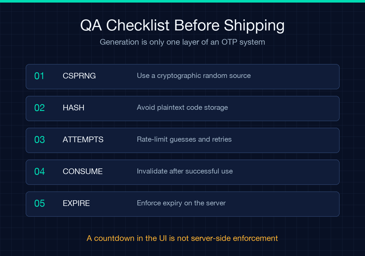OTP QA checklist covering randomness, storage, limits, consumption, and expiry