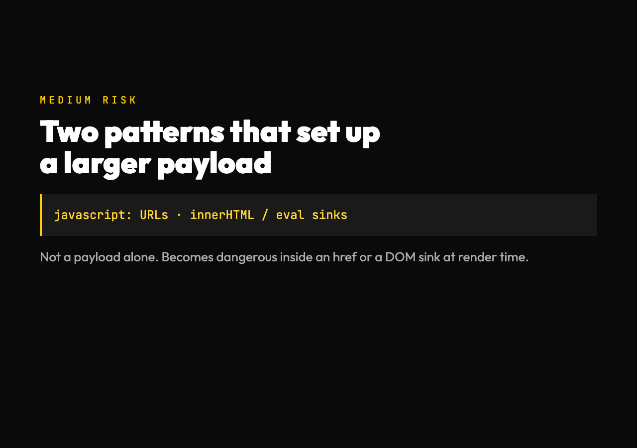 Two medium-risk patterns - dangerous protocols and DOM-based XSS sinks