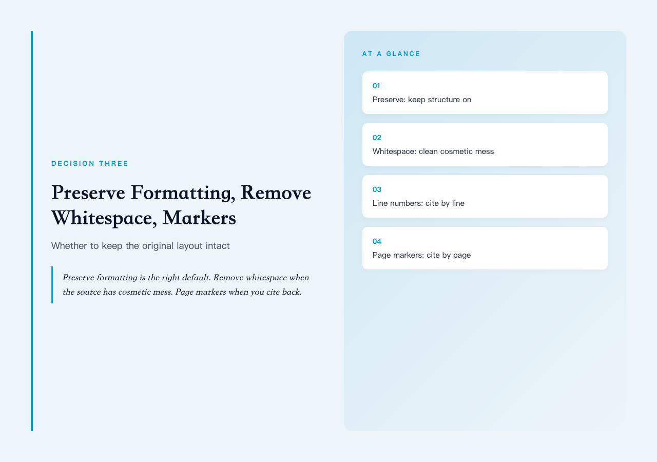 PDF Text Extractor highlight card three — preserve formatting vs remove whitespace decision matrix