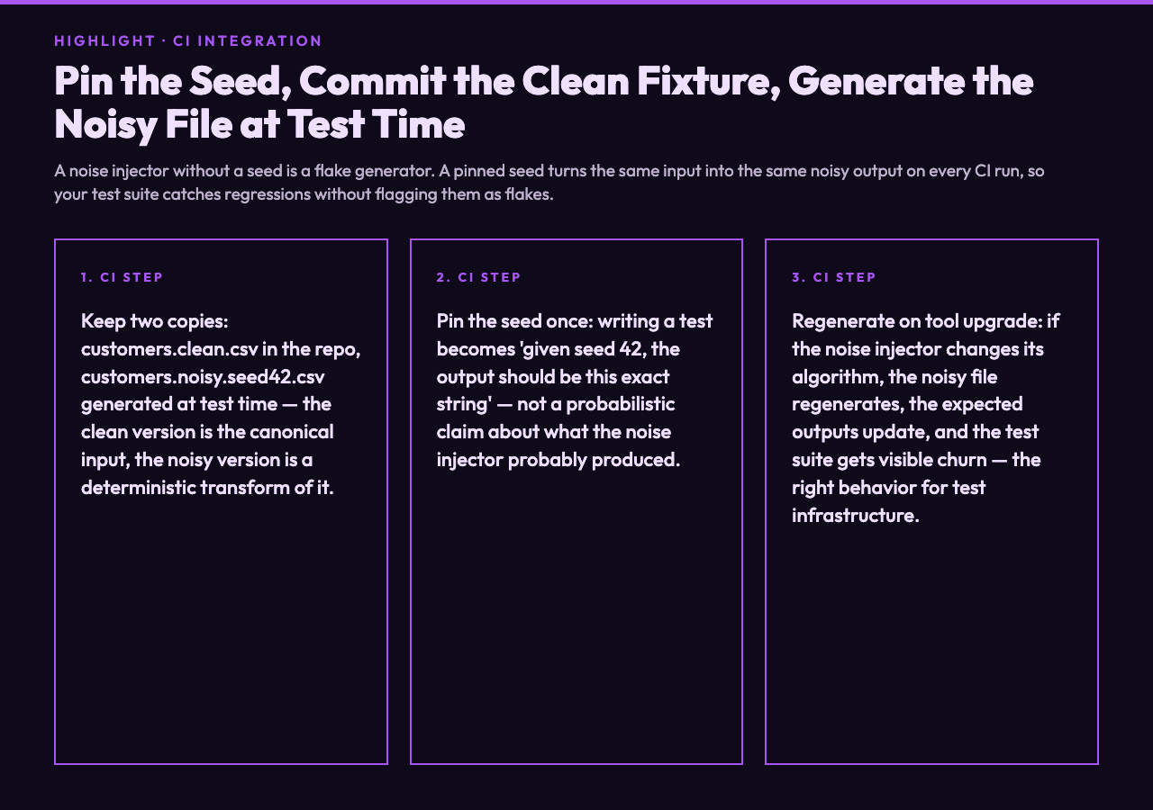 CI integration — clean fixture + noisy generated file with pinned seed