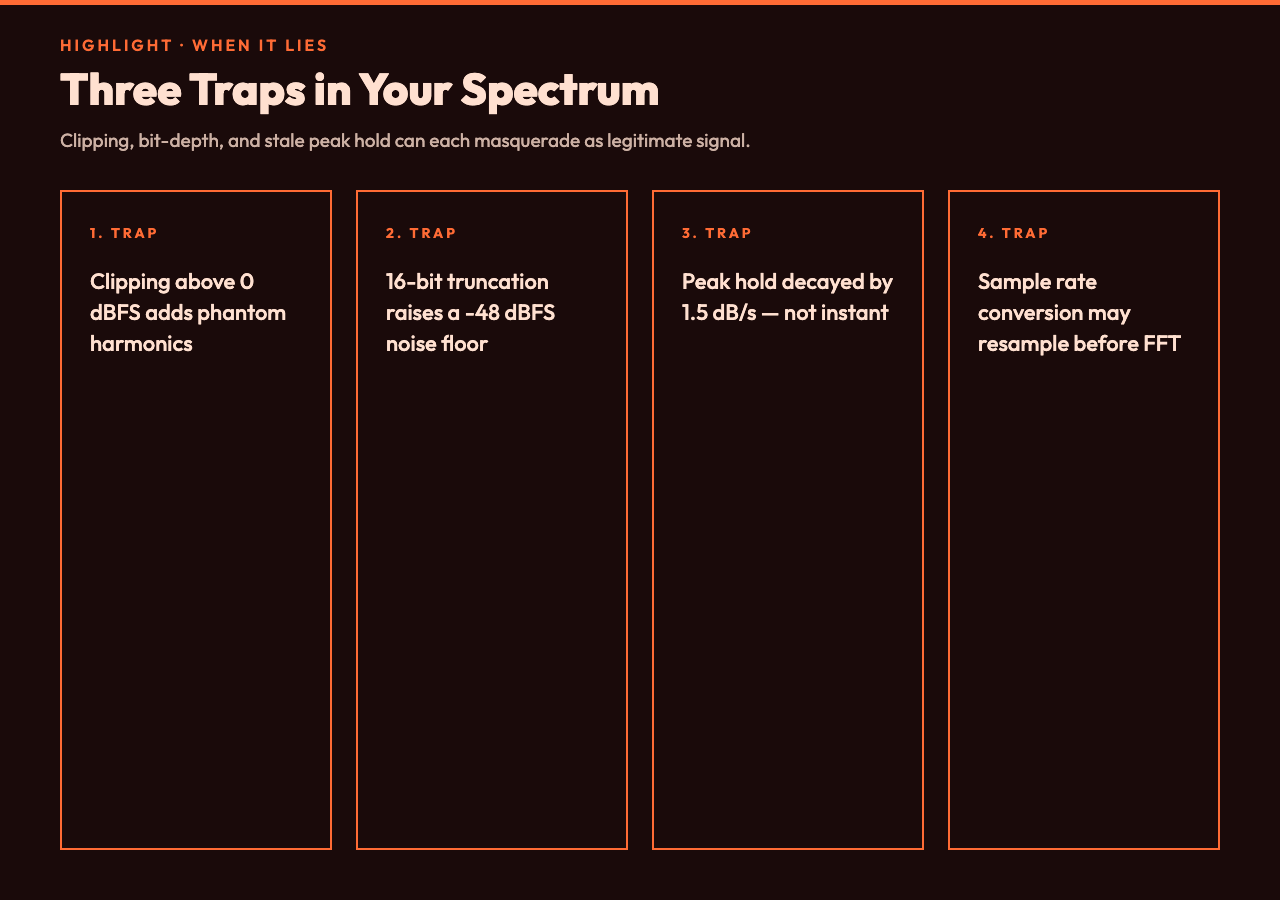 Three traps that make the spectrum analyzer lie: clipping, bit-depth, peak hold