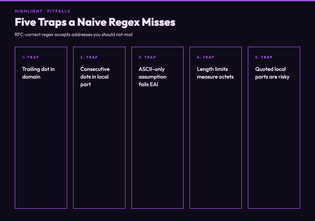 Five things the validator catches that a naive regex misses