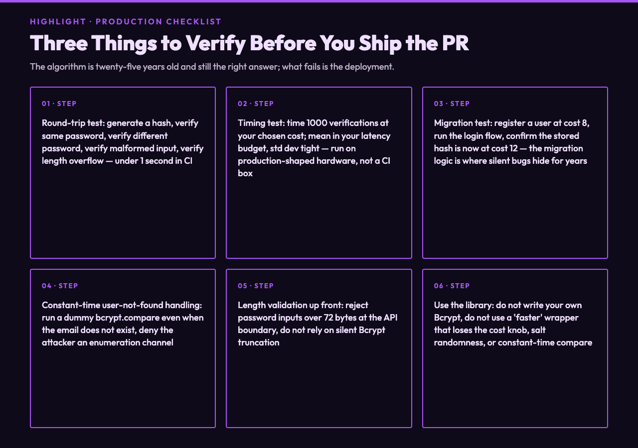 Bcrypt production workflow checklist