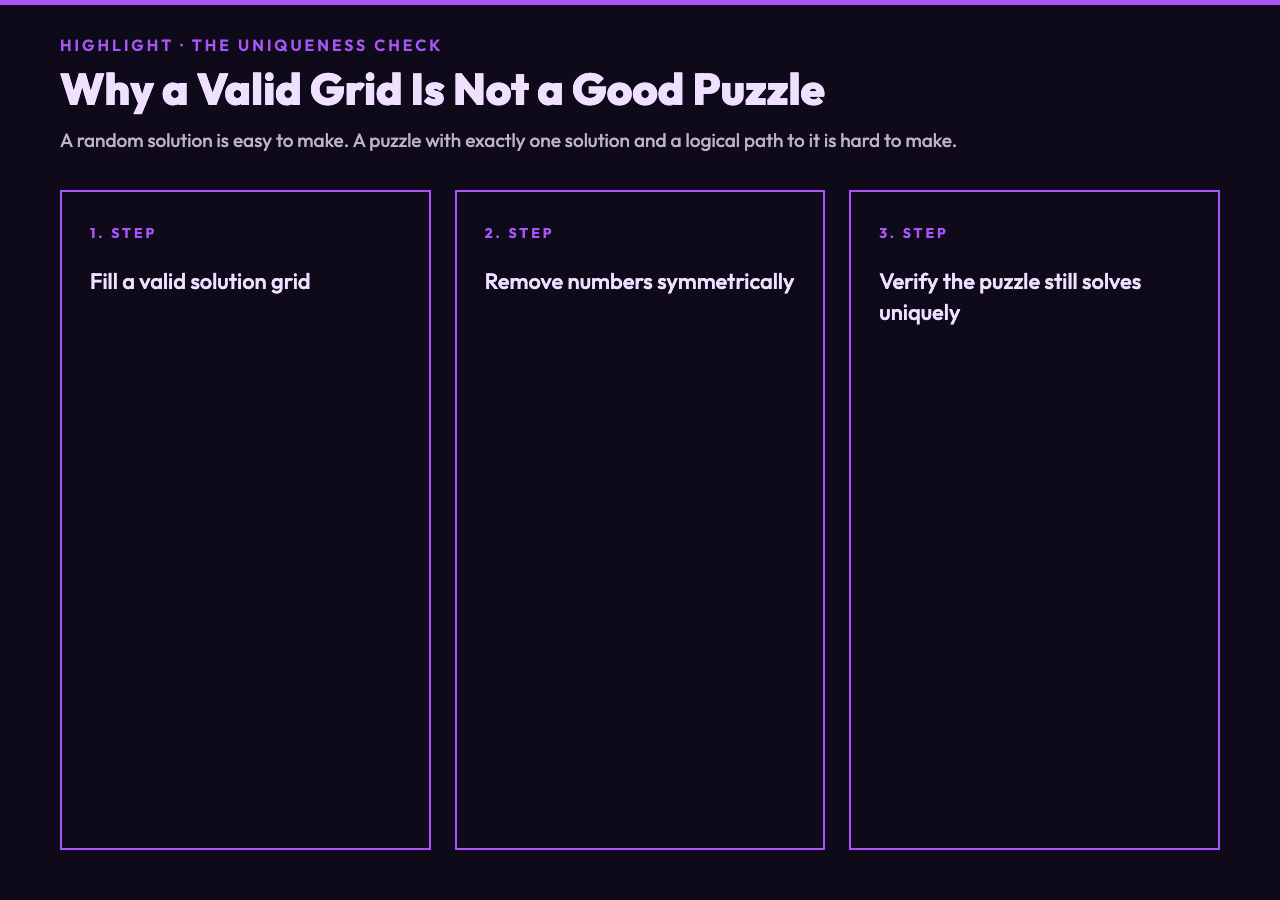 Highlight card titled Why a Valid Grid Is Not a Good Puzzle with three steps: Fill a valid solution grid, Remove numbers symmetrically, Verify the puzzle still solves uniquely