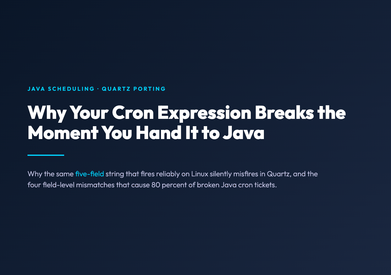 Cron to Quartz Converter cover image: cron expression breaks when ported to Java, Quartz 6-field syntax vs standard 5-field