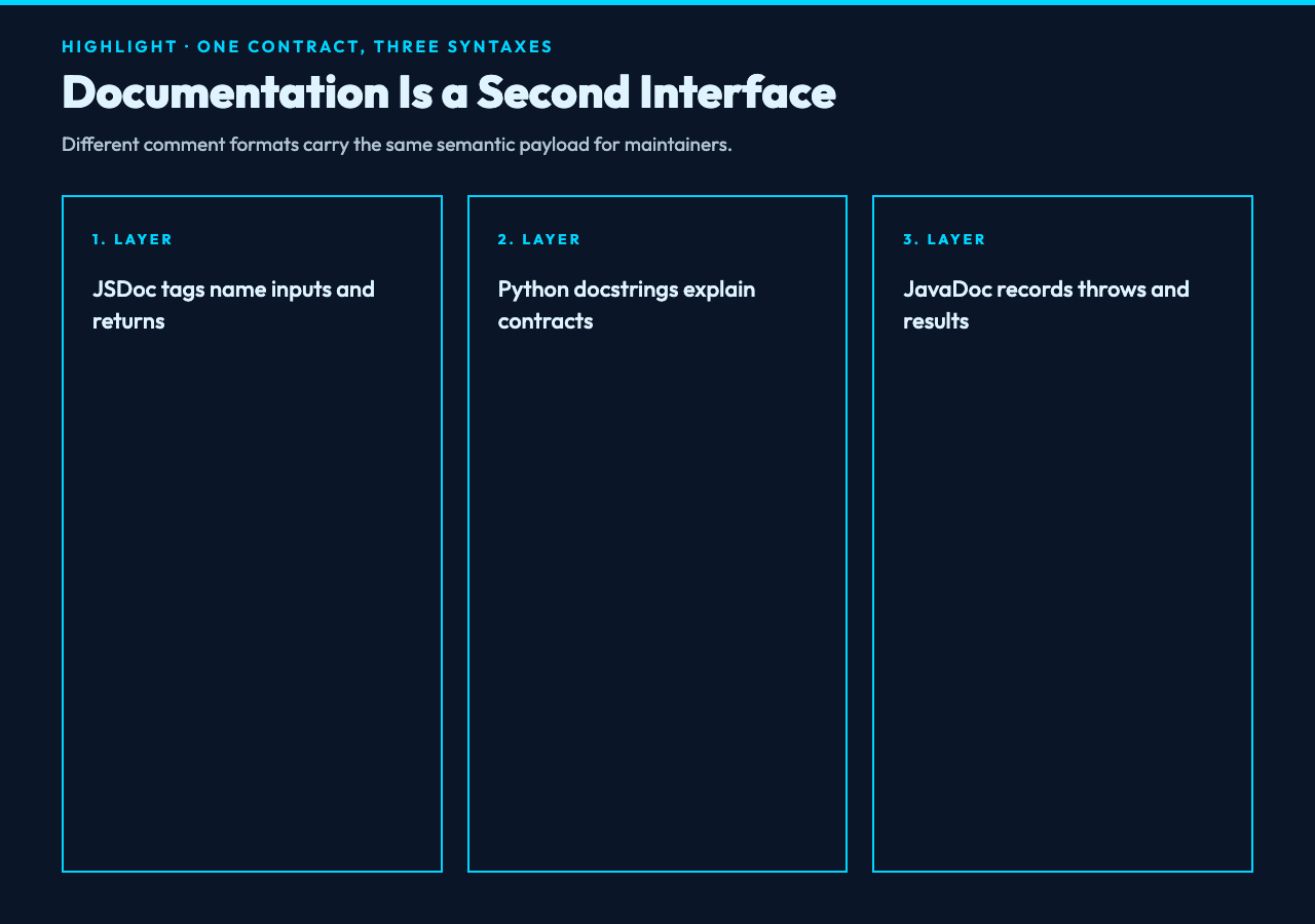 Documentation is a second interface across JSDoc Python docstrings and JavaDoc