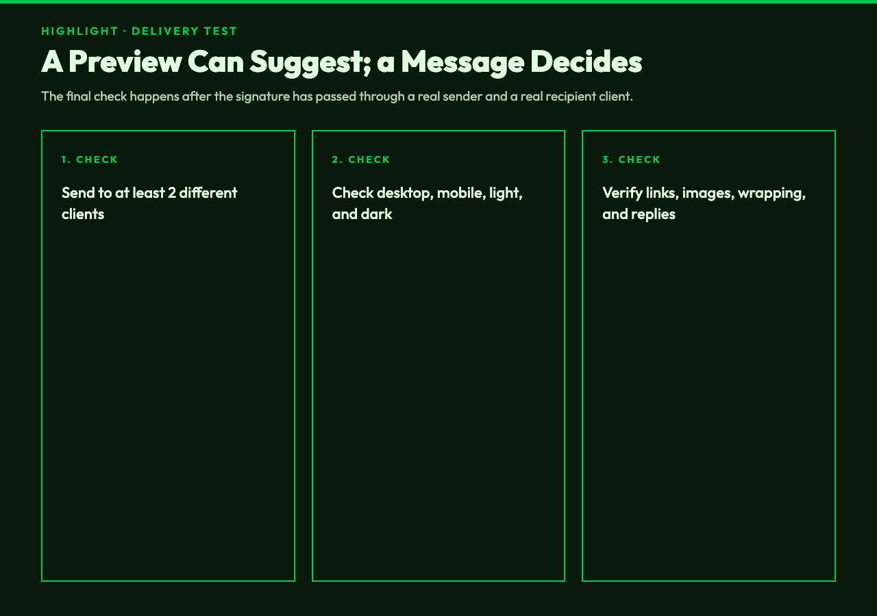 Email signature delivery test: compare clients, themes, links, images, wrapping, and replies