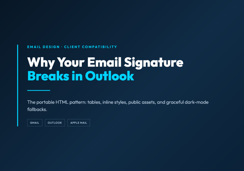 Email signature HTML compatibility cover: tables, inline styles, and dark mode fallbacks
