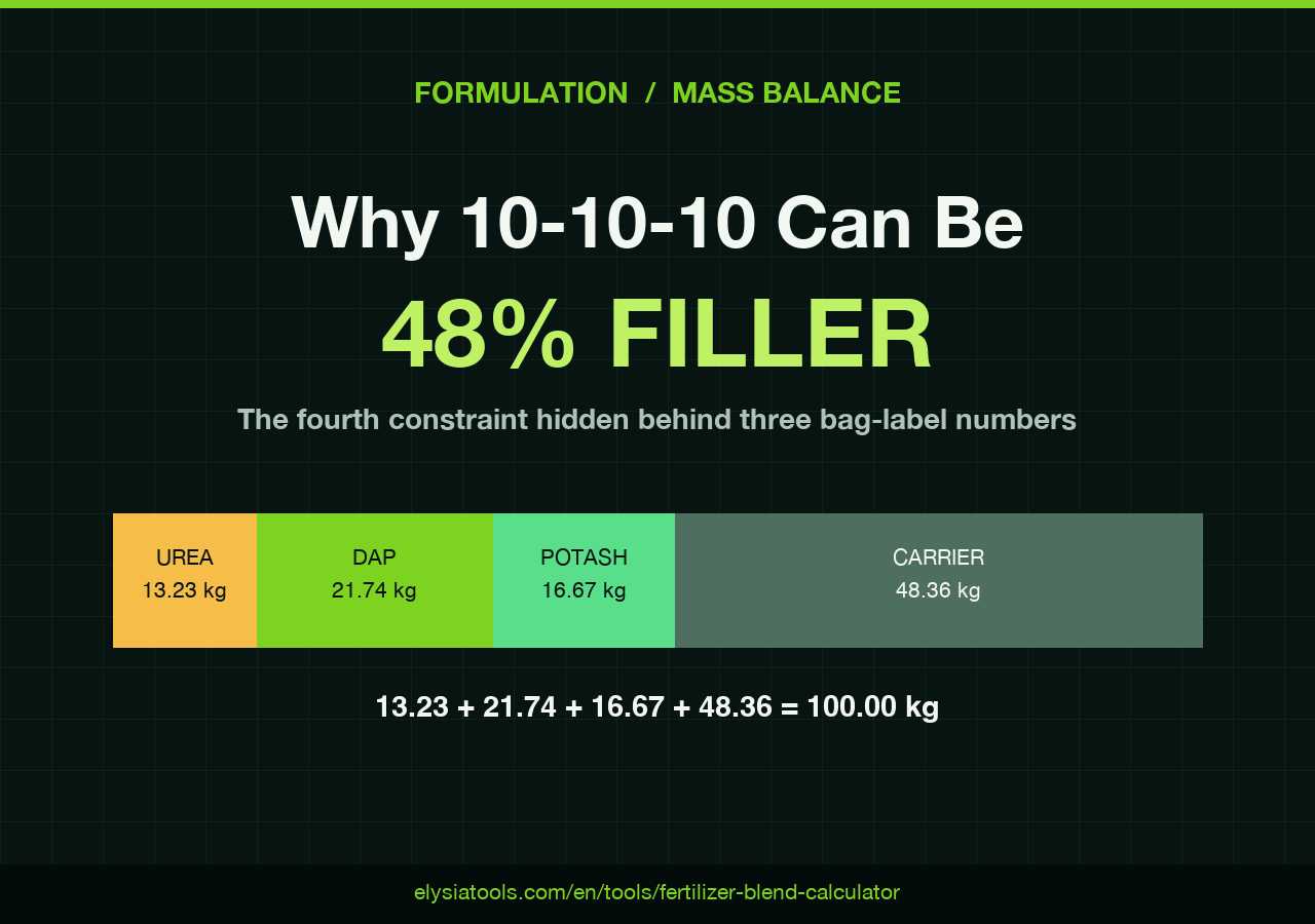 N-P-K fertilizer blend mass balance showing 13.23 kg urea, 21.74 kg DAP, 16.67 kg potash, and 48.36 kg carrier in a 100 kg batch