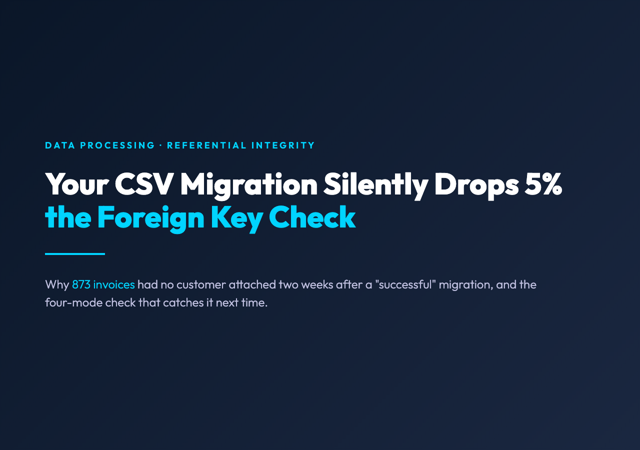 Foreign Key Validator cover image: 873 orphaned invoices, foreign key check, referential integrity