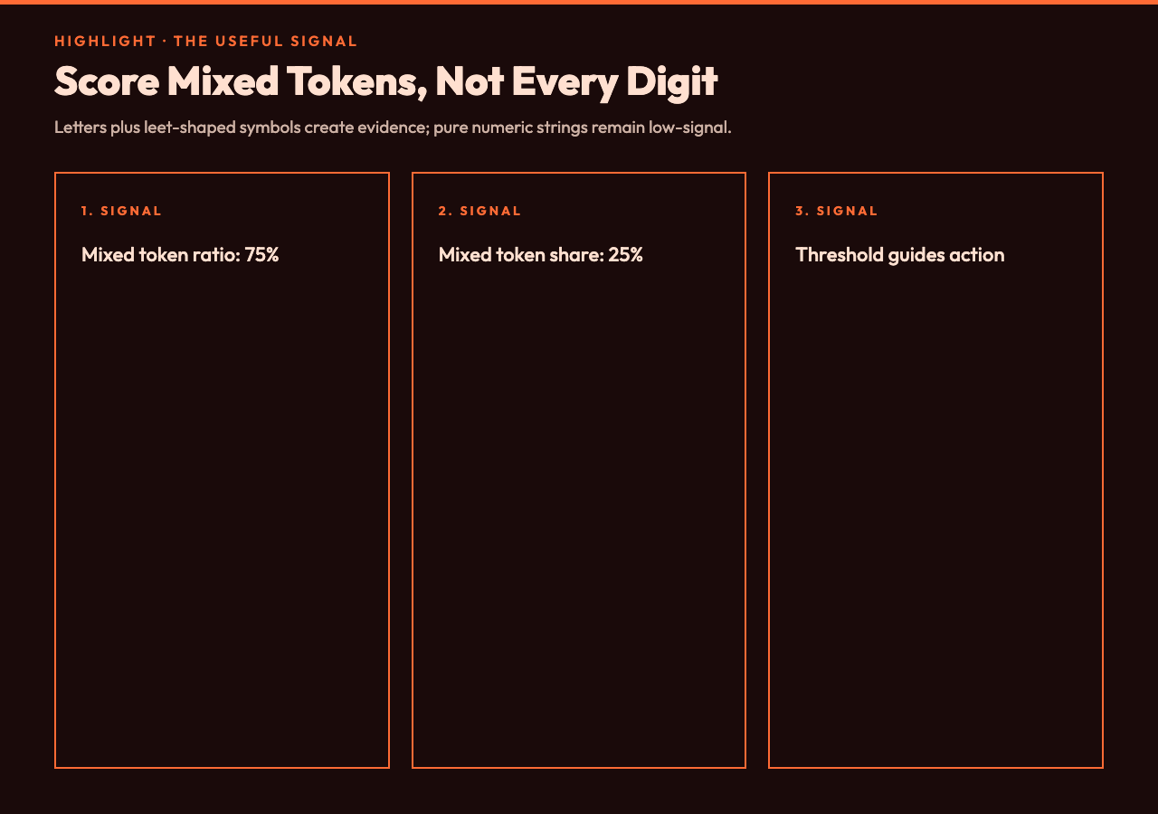 Leetspeak mixed-token score signals and policy threshold