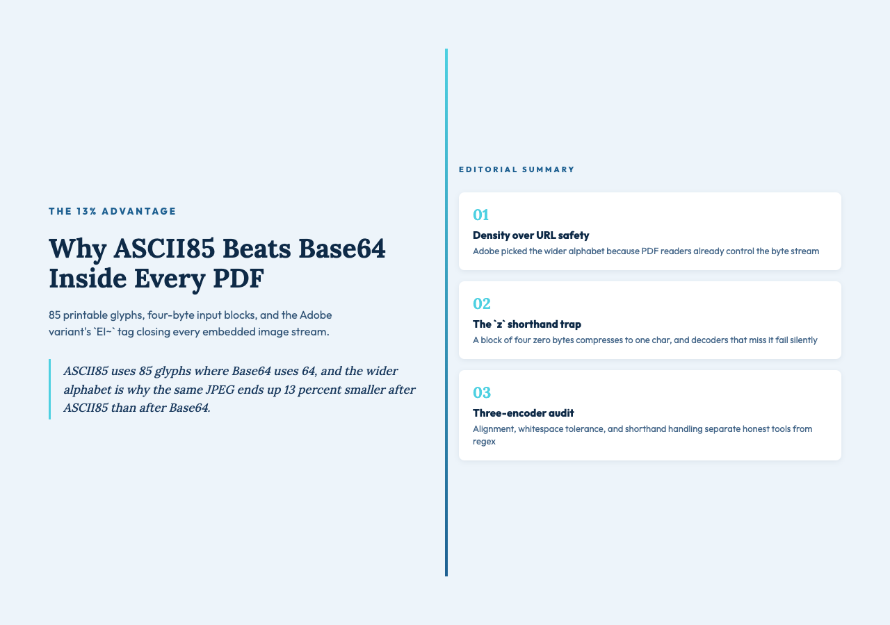 Highlight card 1 - Why ASCII85 beats Base64 inside every PDF