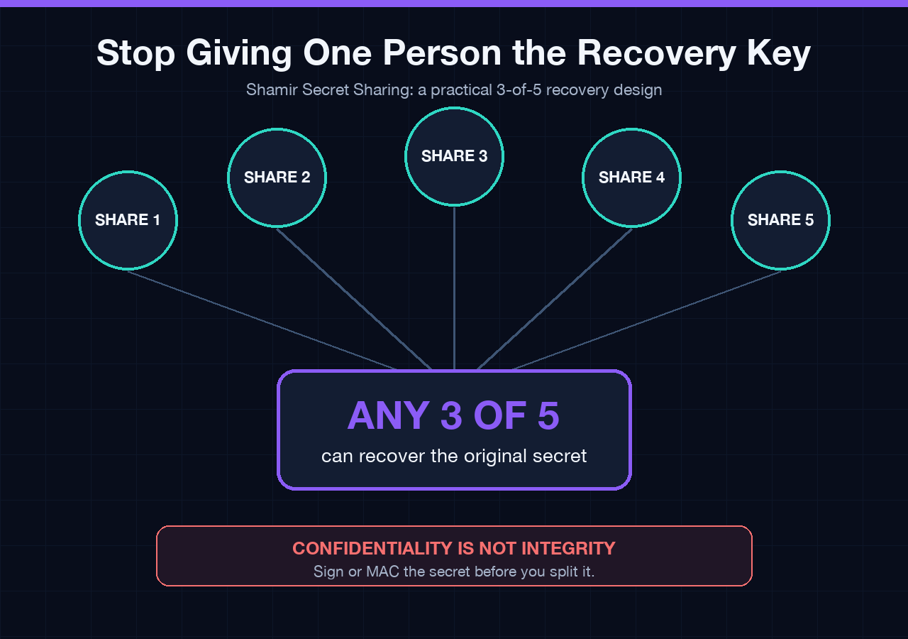 Five secret shares connected to a 3-of-5 Shamir recovery threshold