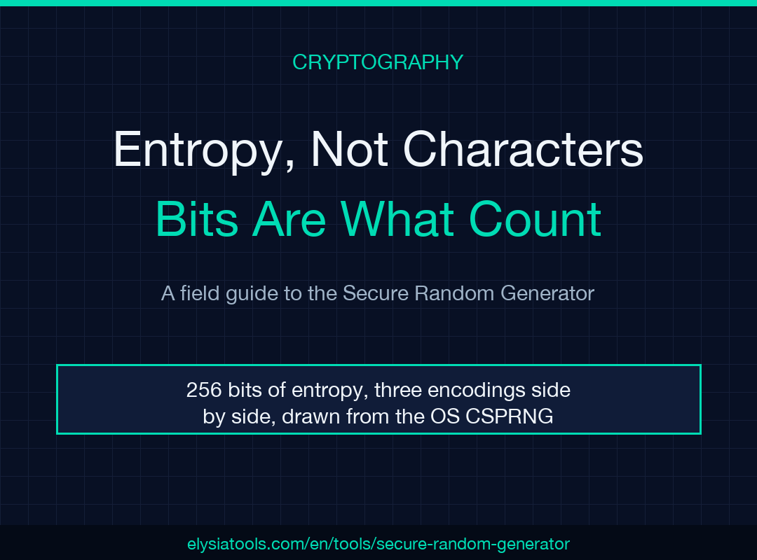 Secure Random Generator poster: cyan-teal accent, CRYPTOGRAPHY eyebrow, title 