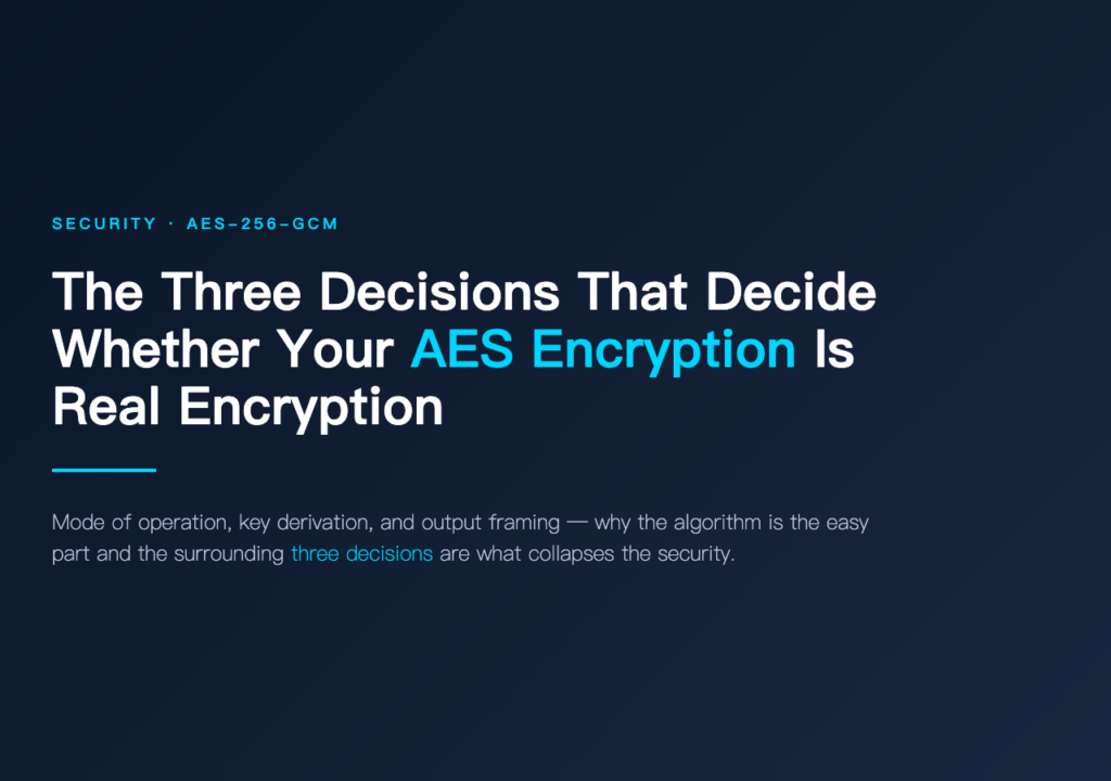AES Encryption Tool cover poster showing three decisions that decide whether your AES encryption is real encryption