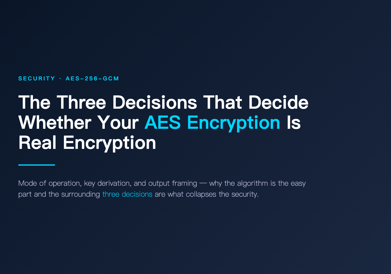 AES Encryption Tool cover poster showing three decisions that decide whether your AES encryption is real encryption