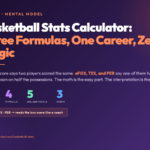 Basketball Stats Calculator cover poster: three formulas, one career, zero magic. eFG%, TS%, PER mental model.