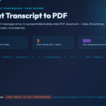 Chat Transcript to PDF — cover poster showing JSON to bubble PDF conversion with stats row