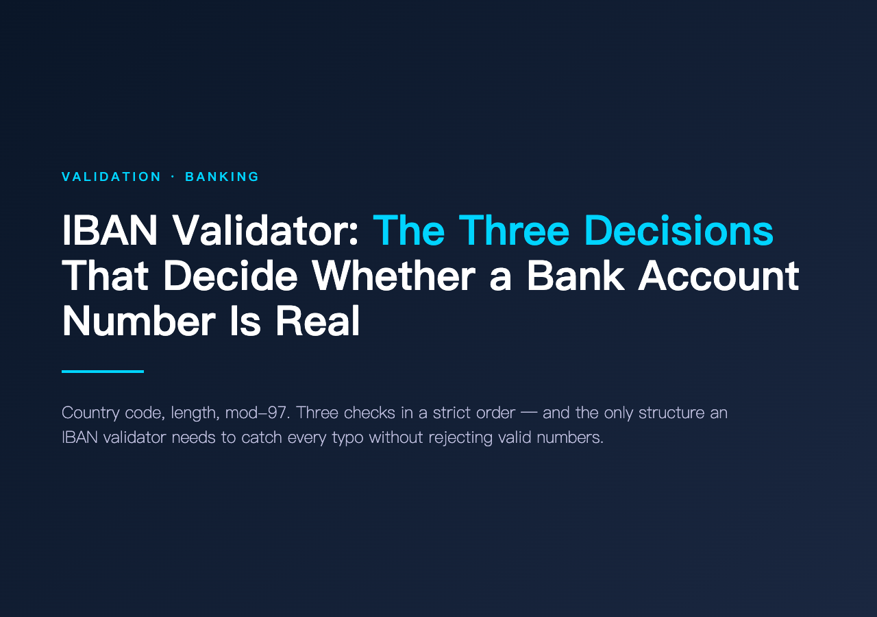IBAN Validator cover - three decisions that decide whether a bank account number is real