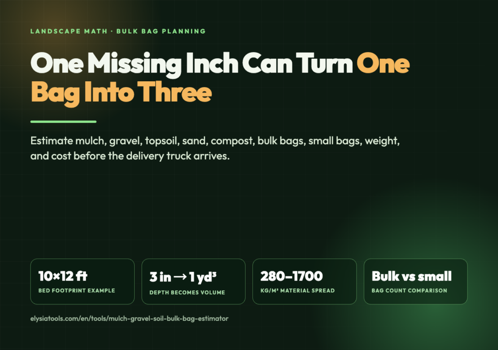 Mulch Gravel Soil Bulk Bag Estimator cover showing depth and bulk bag planning