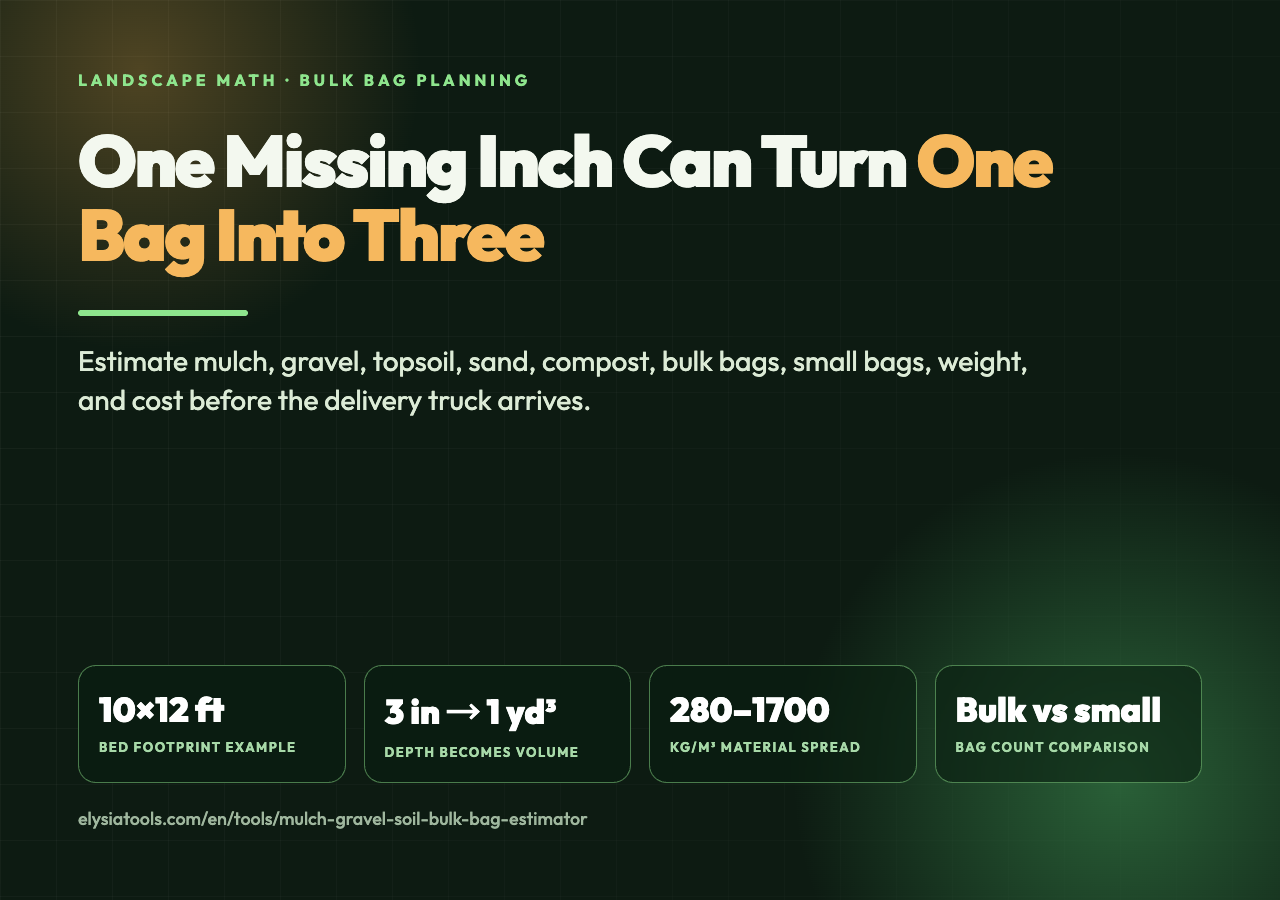 Mulch Gravel Soil Bulk Bag Estimator cover showing depth and bulk bag planning