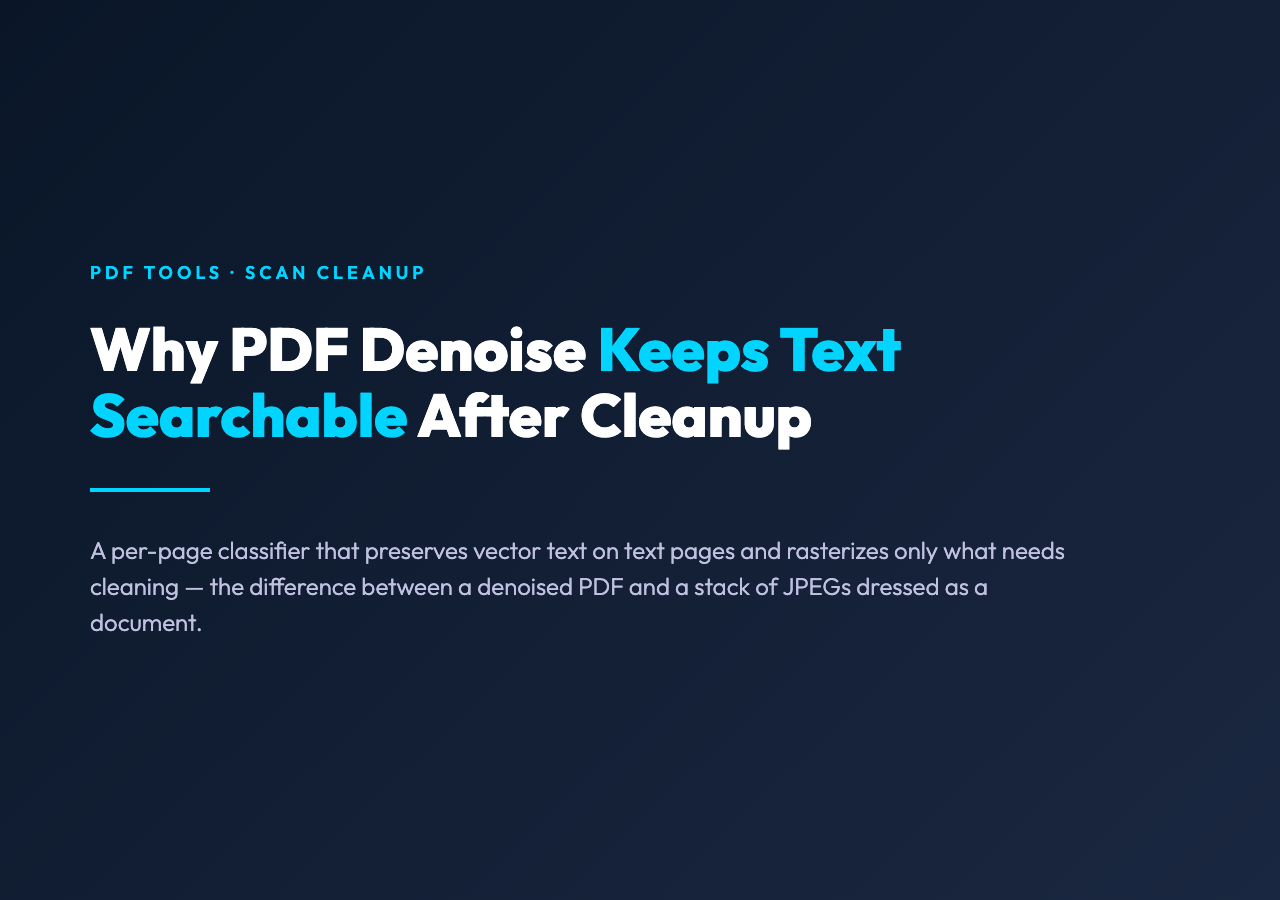 PDF Denoise cover image showing the article title and the per-page-classification promise