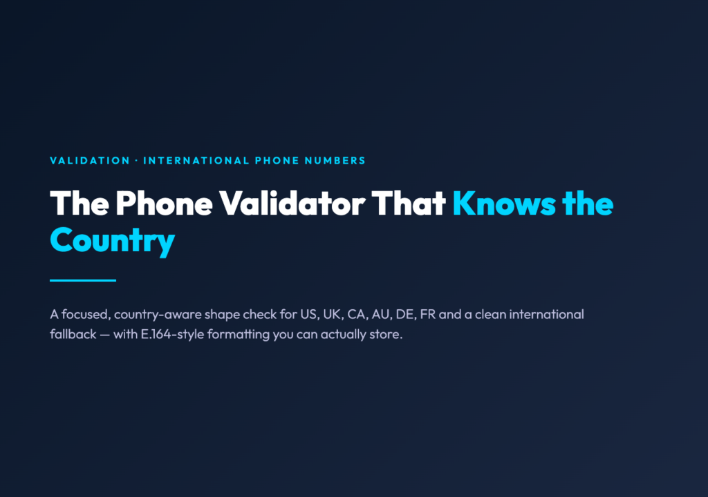Phone Validator cover — country-aware shape check for international phone numbers