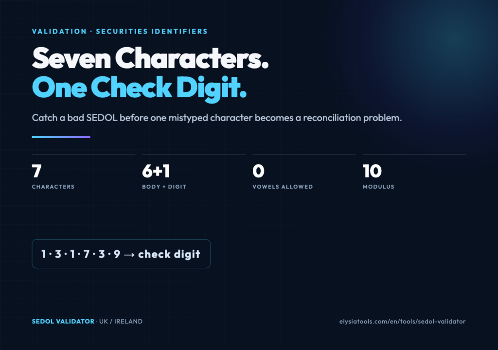 SEDOL validation explained with seven characters one check digit and a weighted mod 10 control