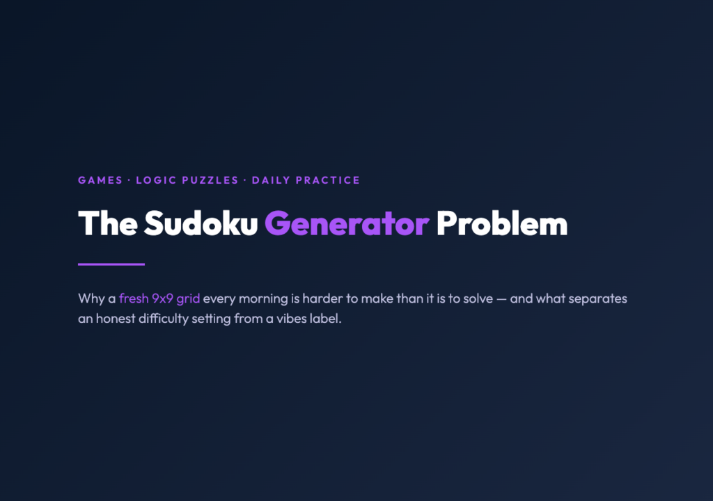 A 1280x900 cover image for an article about how Sudoku generators work and why difficulty settings matter.