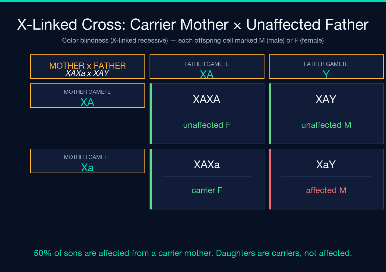 Card: X-linked cross grid showing XAXa carrier mother x XAY unaffected father with four equally-likely offspring cells