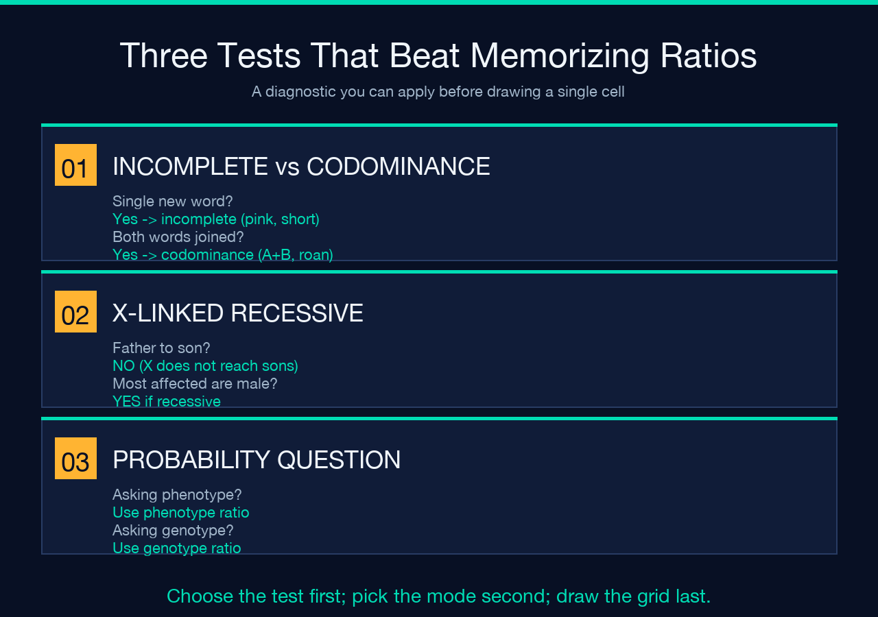 Card: three diagnostic tests to apply before drawing a Punnett square — incomplete vs codominance, X-linked recessive, and phenotype vs genotype probability