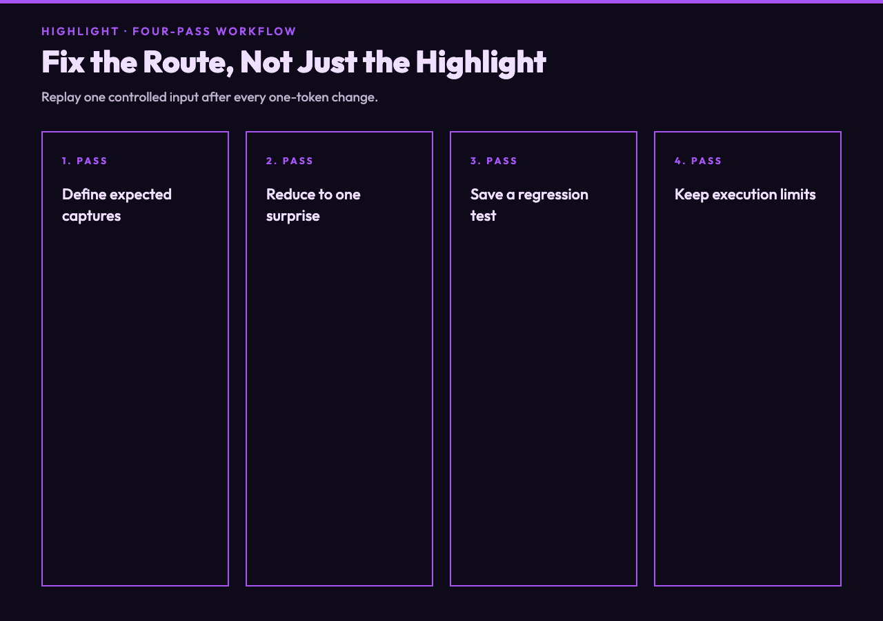 Four pass regex debugging workflow