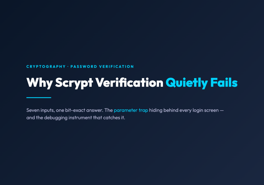 Scrypt Validator cover showing seven parameter inputs and a bit-exact answer