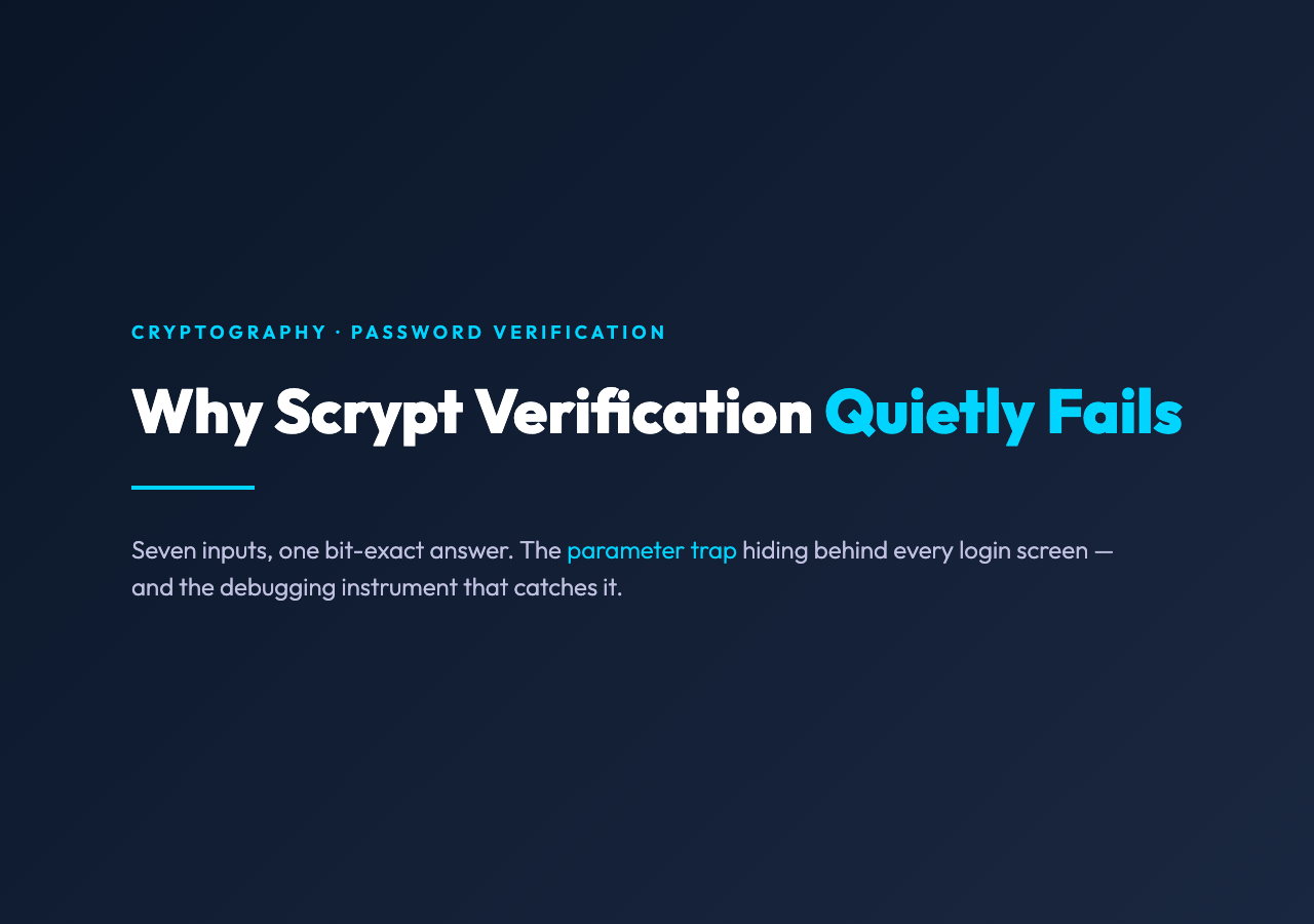 Scrypt Validator cover showing seven parameter inputs and a bit-exact answer