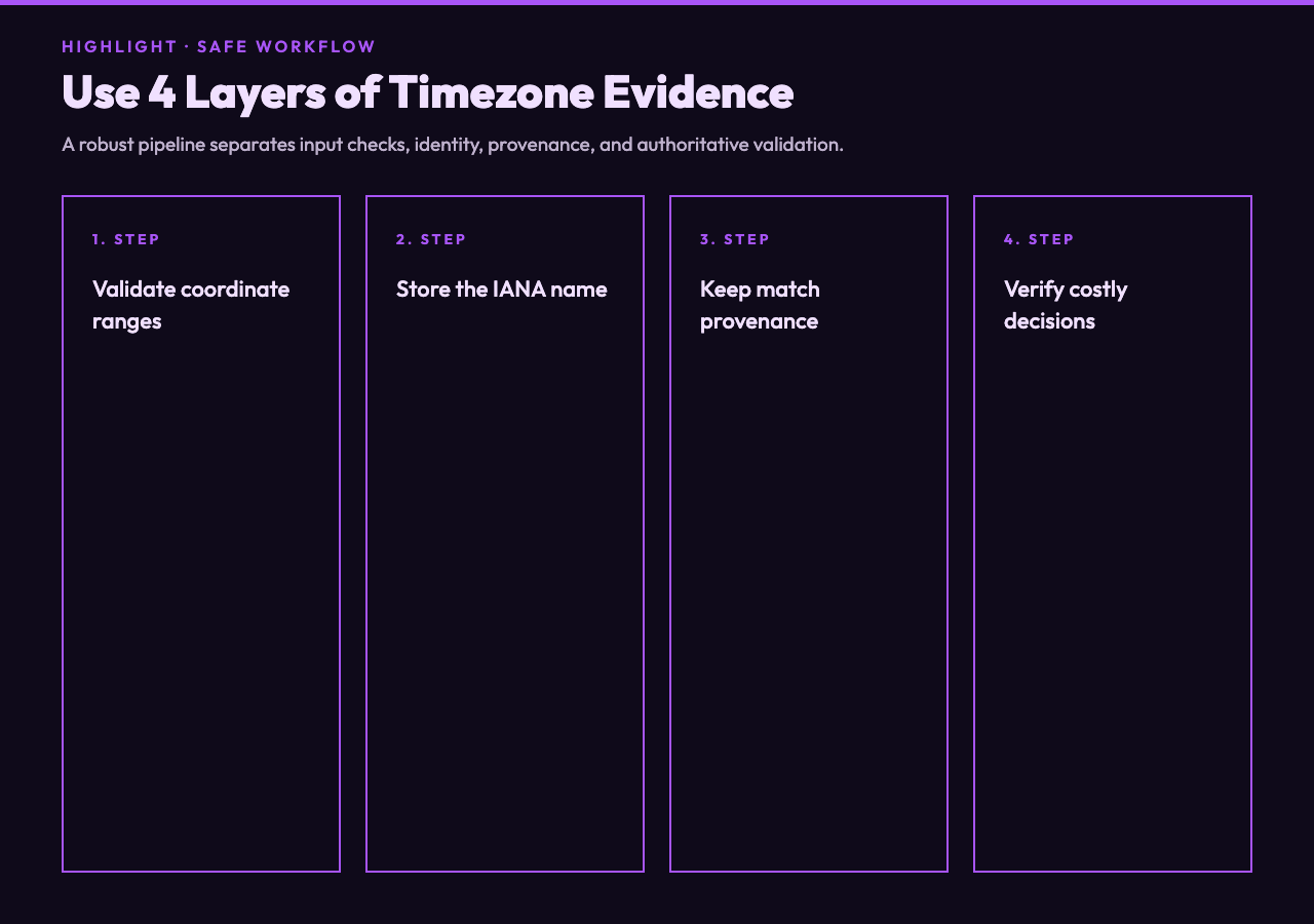 Four layer workflow for safer coordinate to timezone mapping