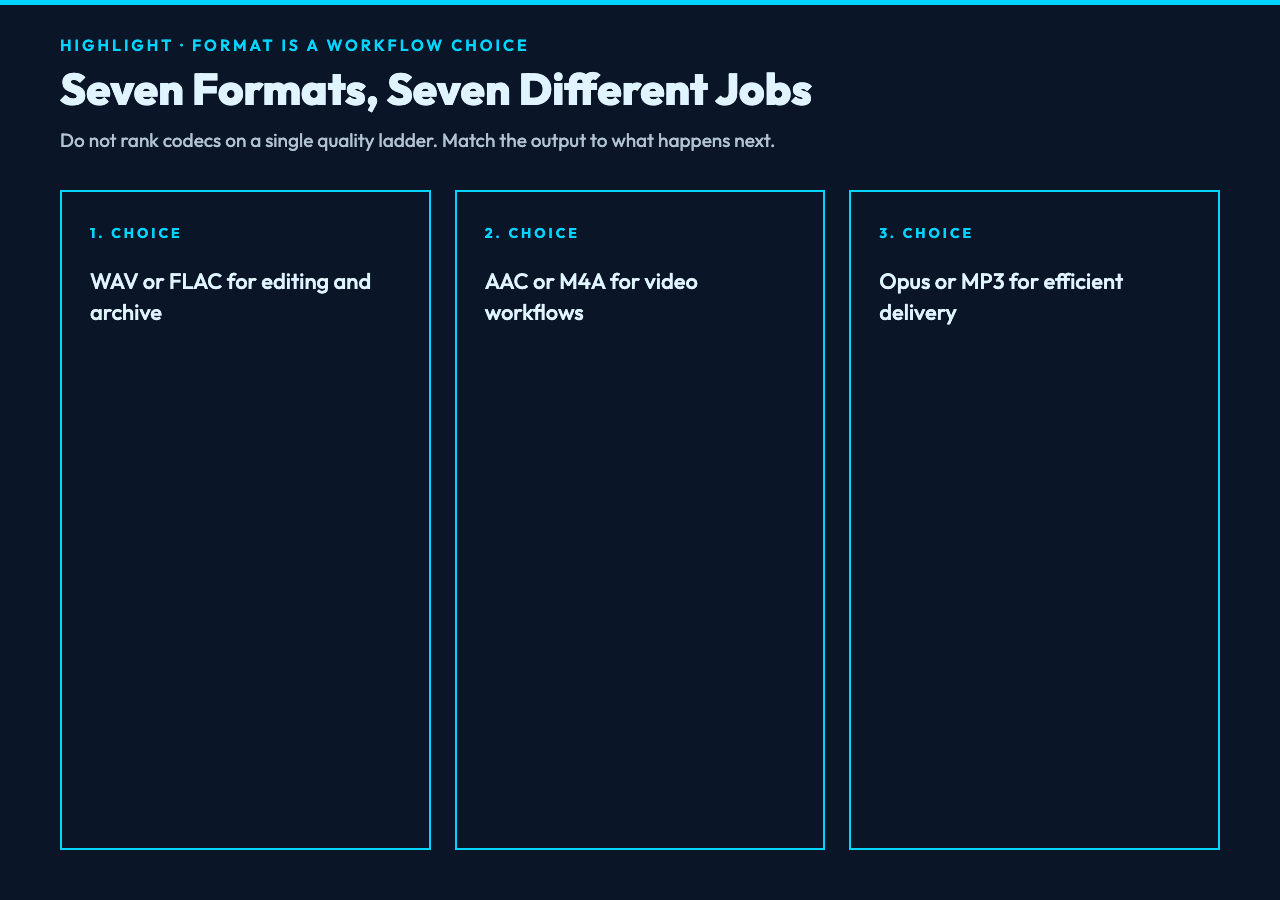 Seven audio formats matched to editing, video workflows, and efficient delivery