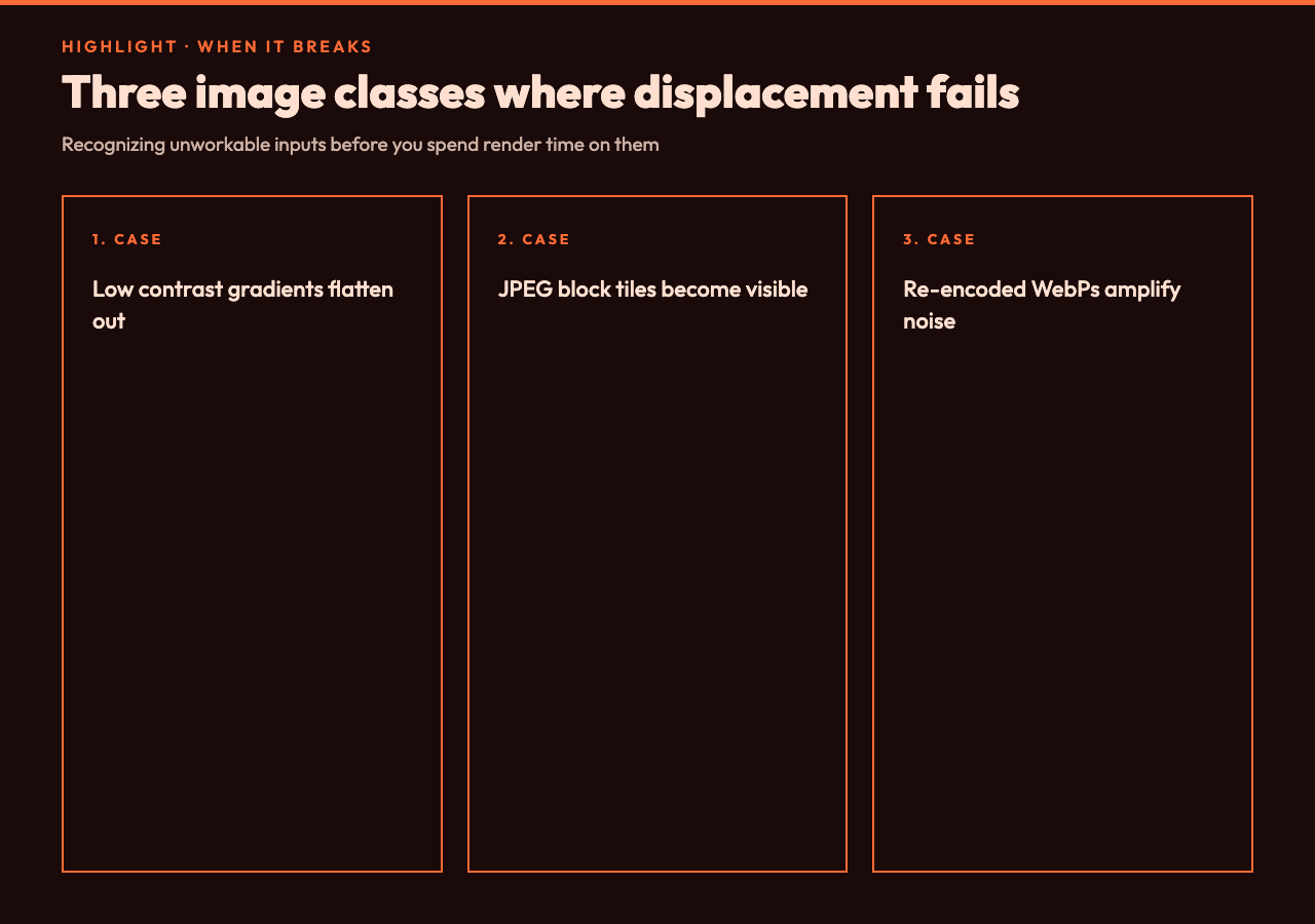 WHEN IT BREAKS: Three image classes where displacement fails