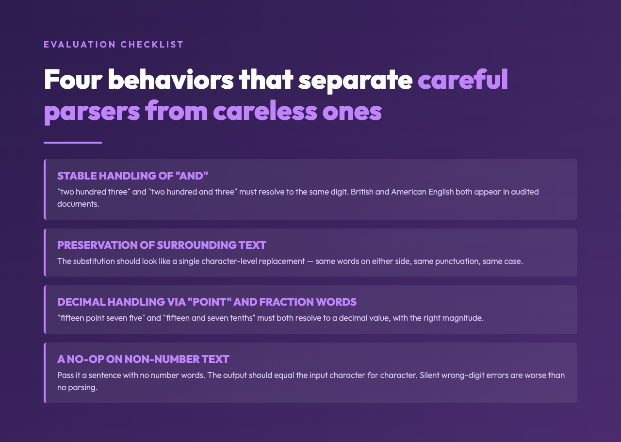 Four behaviors separating careful parsers from careless ones