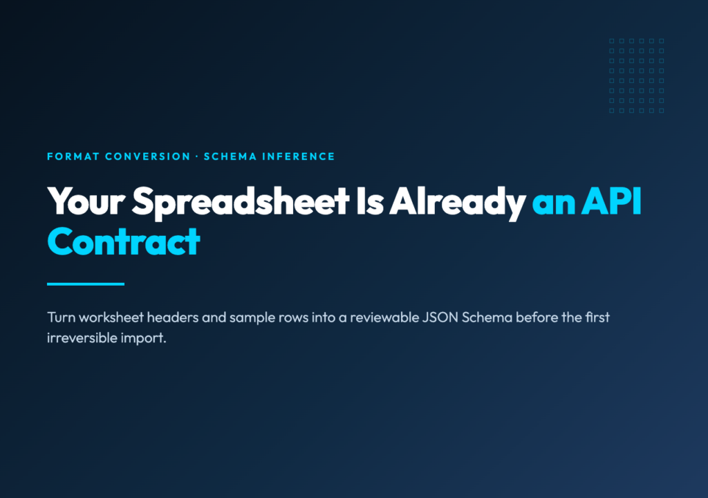 Spreadsheet headers and sample rows becoming a reviewable JSON Schema contract