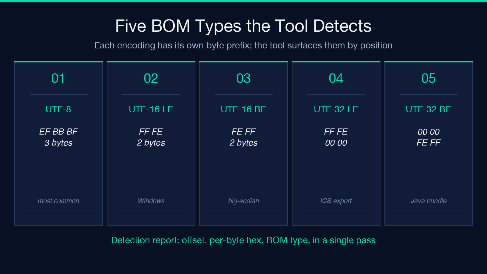 Five BOM types the BOM Character Remover tool detects