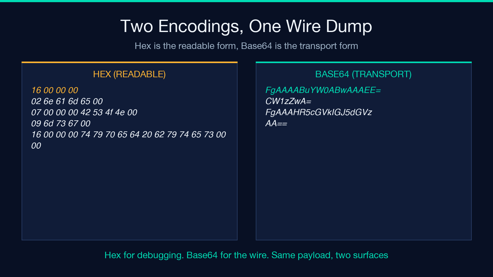 Two encodings of the same BSON wire dump: hex for reading, base64 for transport