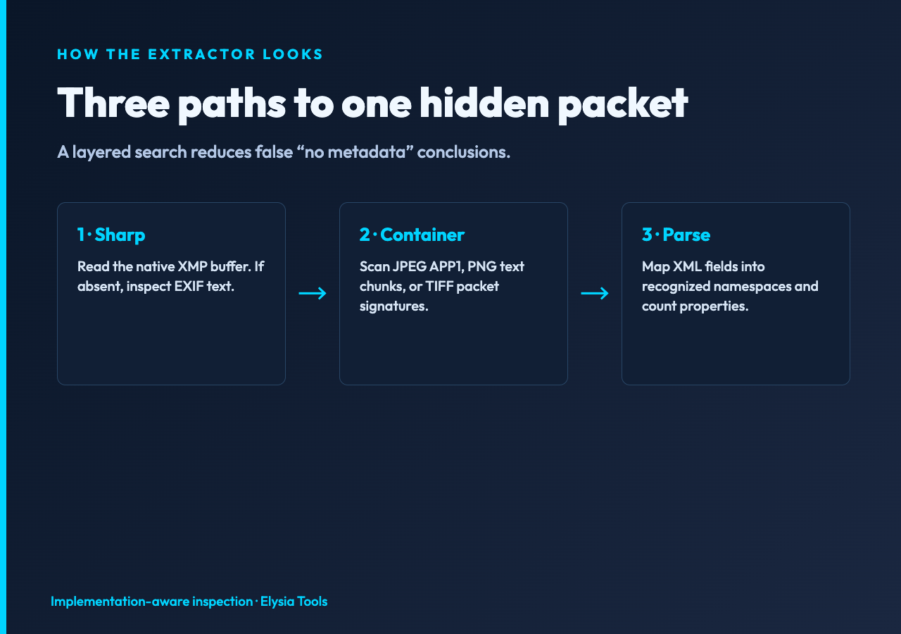 Three extraction paths: Sharp, image container scan, and XML parsing