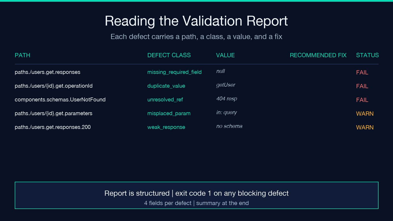 Sample validation report format with path, defect class, value, and fix