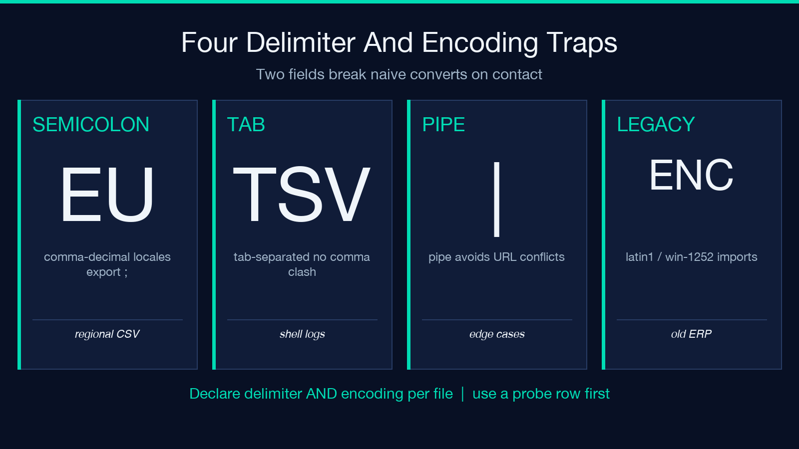 Four delimiter and encoding traps: semicolon for EU comma-decimal locales, TAB for TSV, PIPE for URL-safe, LEGACY ENC for latin1 and windows-1252