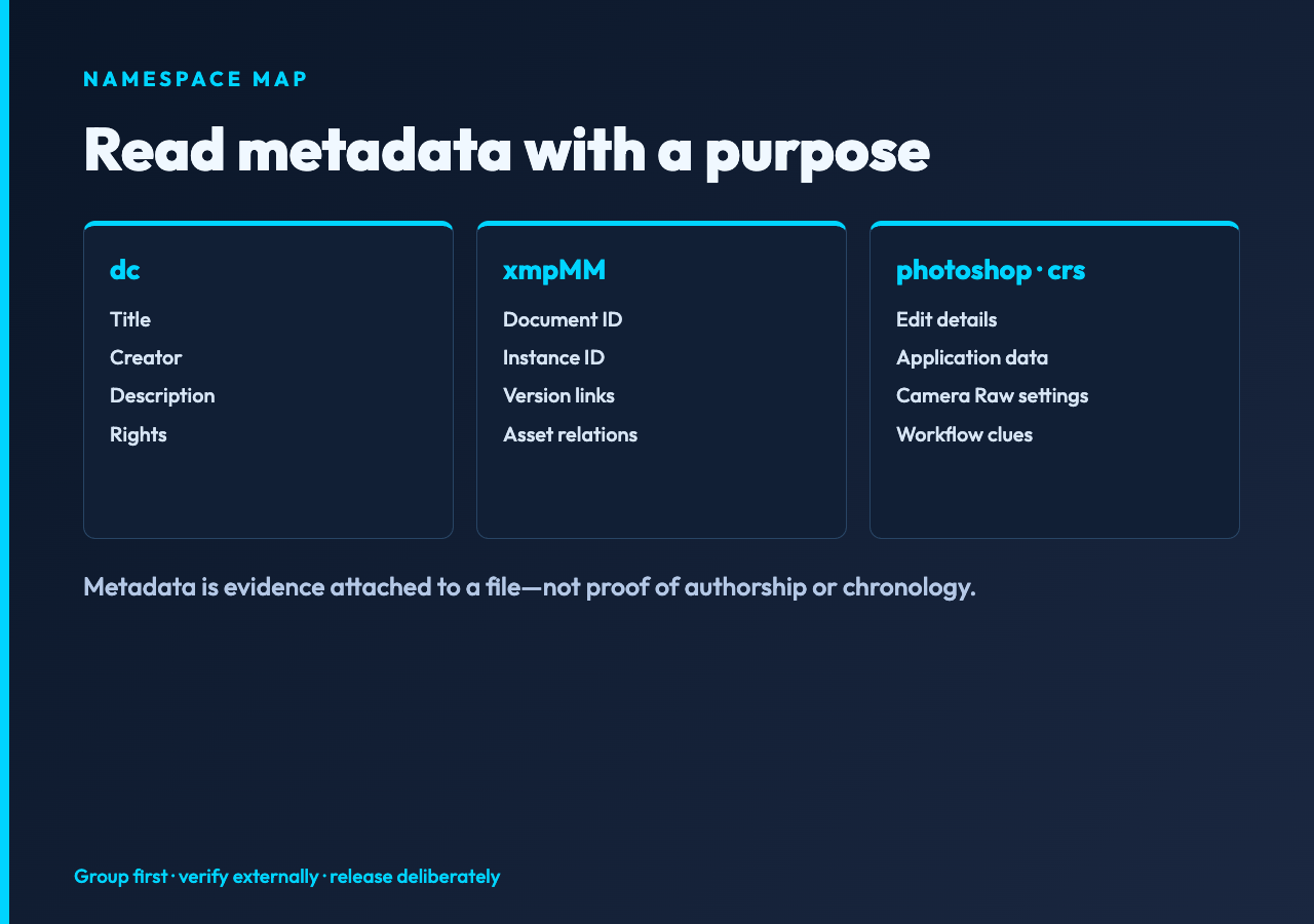 XMP namespace map for Dublin Core, media management, Photoshop, and Camera Raw