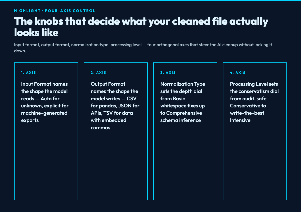 Highlight card one: the four orthogonal axes that control an AI data cleanup — input format, output format, normalization type, processing level — each a separate dial on the same knob