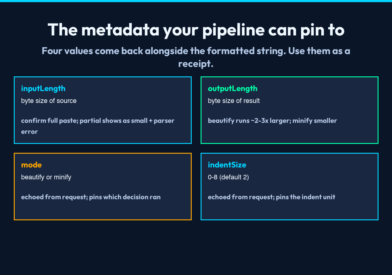 Card 2: 2x2 grid of the four metadata fields (inputLength, outputLength, mode, indentSize) returned alongside the formatted string.