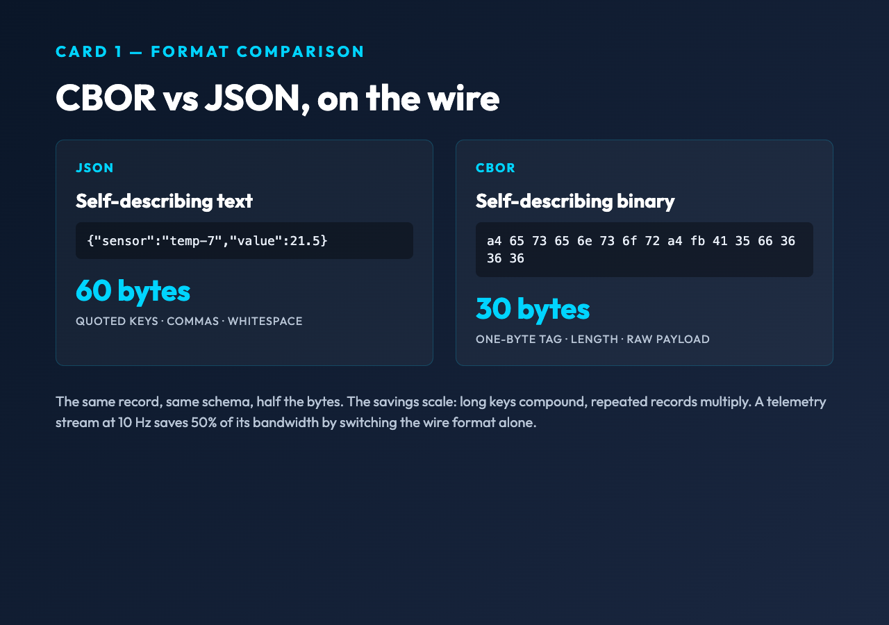 Card 1 comparing CBOR and JSON wire formats side by side showing 60 bytes vs 30 bytes for the same record