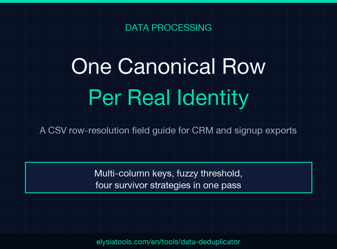 Data Deduplicator field guide poster: one canonical row per real identity